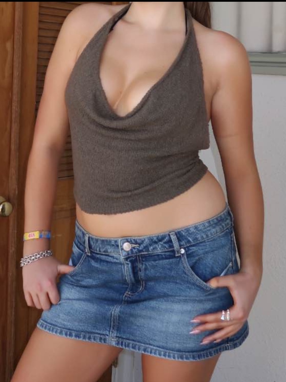 Garage Olive Green Knit Cowl Neck Open Back Halter Tank Top